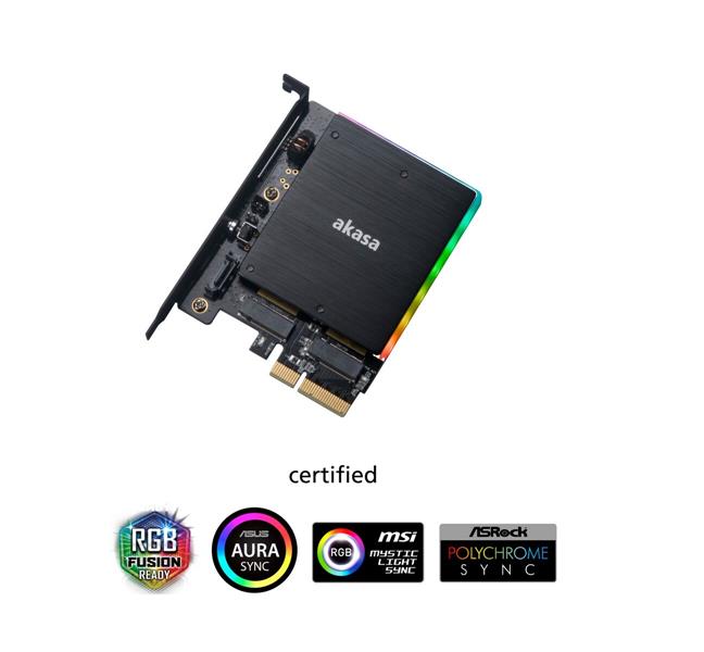 Akasa M 2 PCIe and M 2 SATA SSD adapter card with RGB LED light and heatsink