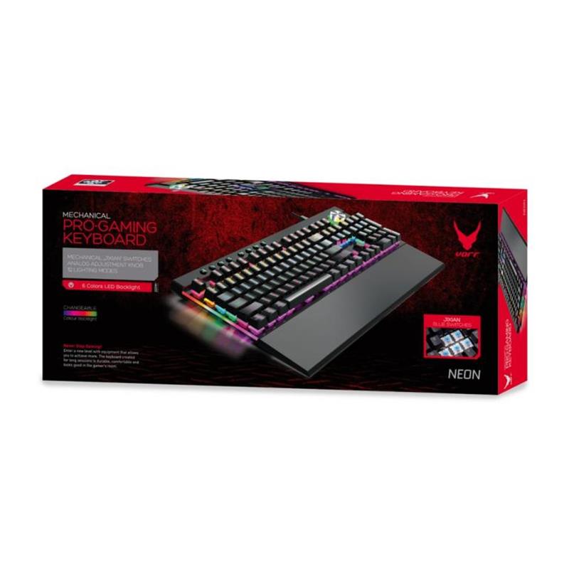 Varr mechanical keyboard met polssteun - NEON - 104 keys anti-ghosting 8x multi-media analoge volume knop JIXIAN blue switches 6 color LED 12 lighting