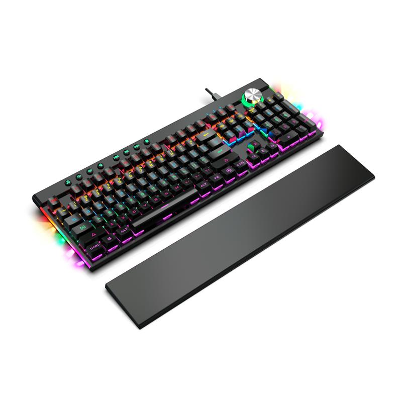 Varr mechanical keyboard met polssteun - NEON - 104 keys anti-ghosting 8x multi-media analoge volume knop JIXIAN blue switches 6 color LED 12 lighting