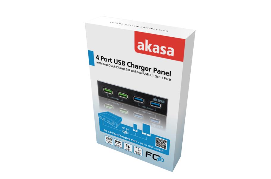 Akasa 3 5 4 Port USB Charger Panel with 2 Quick Charge 3 0 and 2 USB 3 1 Gen 1 Ports