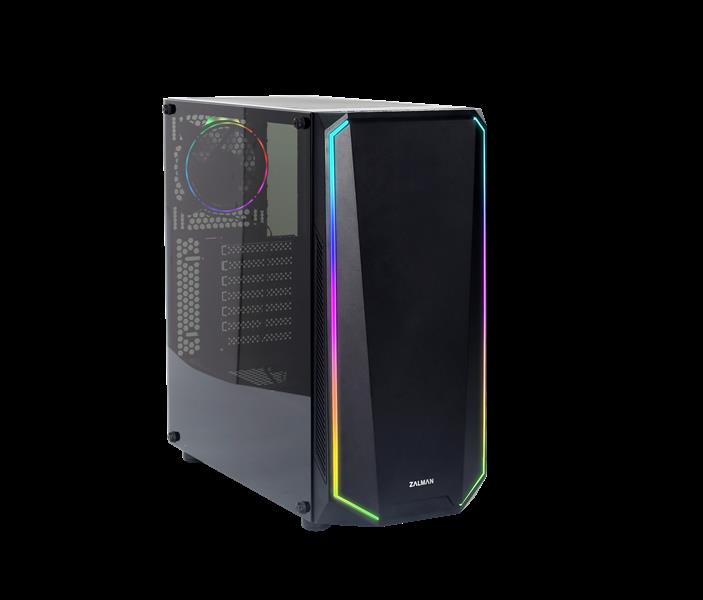 Zalman ATX Mid-Tower Case RGB spectrum light on the edge of front Pre-installed: 120mm Auto RGB fan in rear 120mm black fan in front Tempered glass on