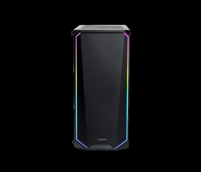 Zalman ATX Mid-Tower Case RGB spectrum light on the edge of front Pre-installed: 120mm Auto RGB fan in rear 120mm black fan in front Tempered glass on