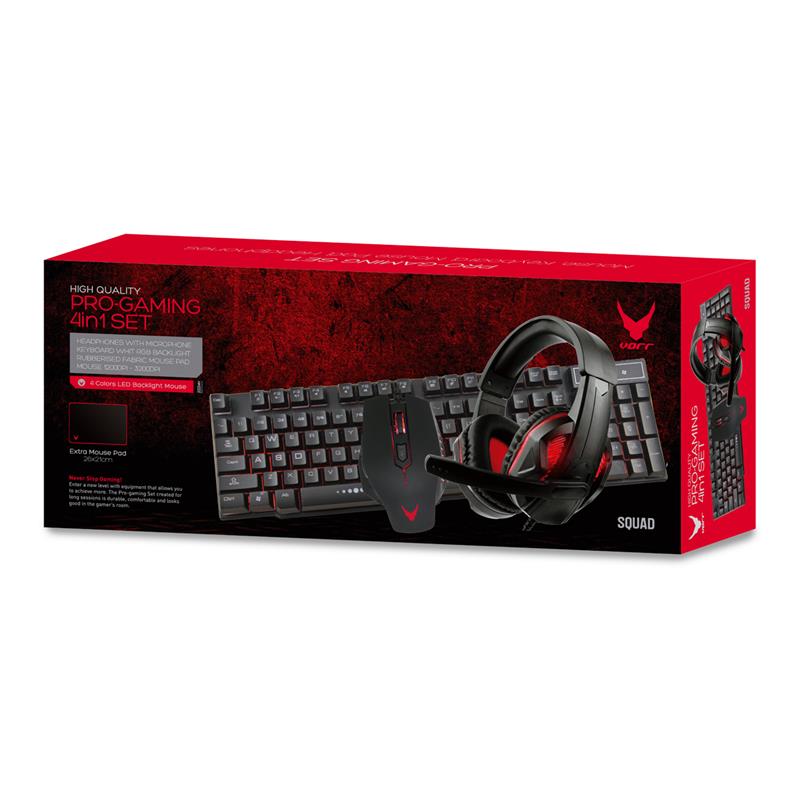 VARR 4IN1 gaming set RGB backlight keyboard 1200-1600 dpi mouse 3 5 mm USB Headset LED backlight 26x21 cm muismat