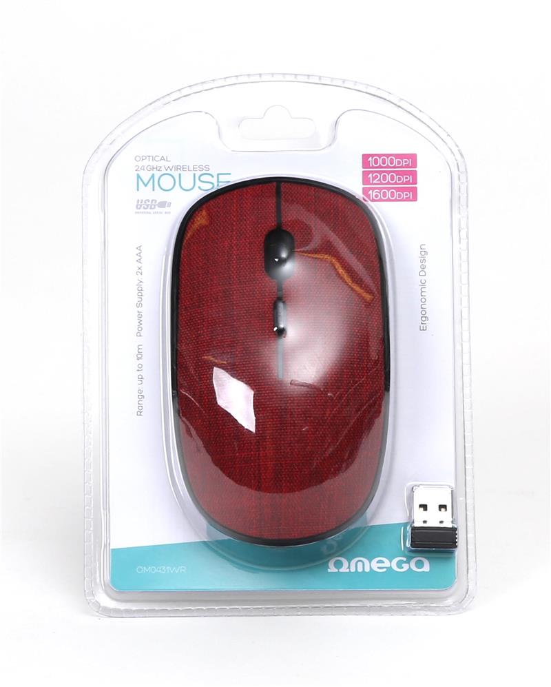 Omega wireless muis met rode stoffen bekleding 2 4 GHz receiver 1000 1200 1600DPI instelbaar