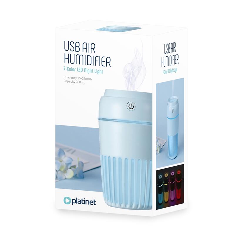 Platinet - Misty - lucht bevochtiger 300ml LED lamp timer werkt ook met geur olie blauw