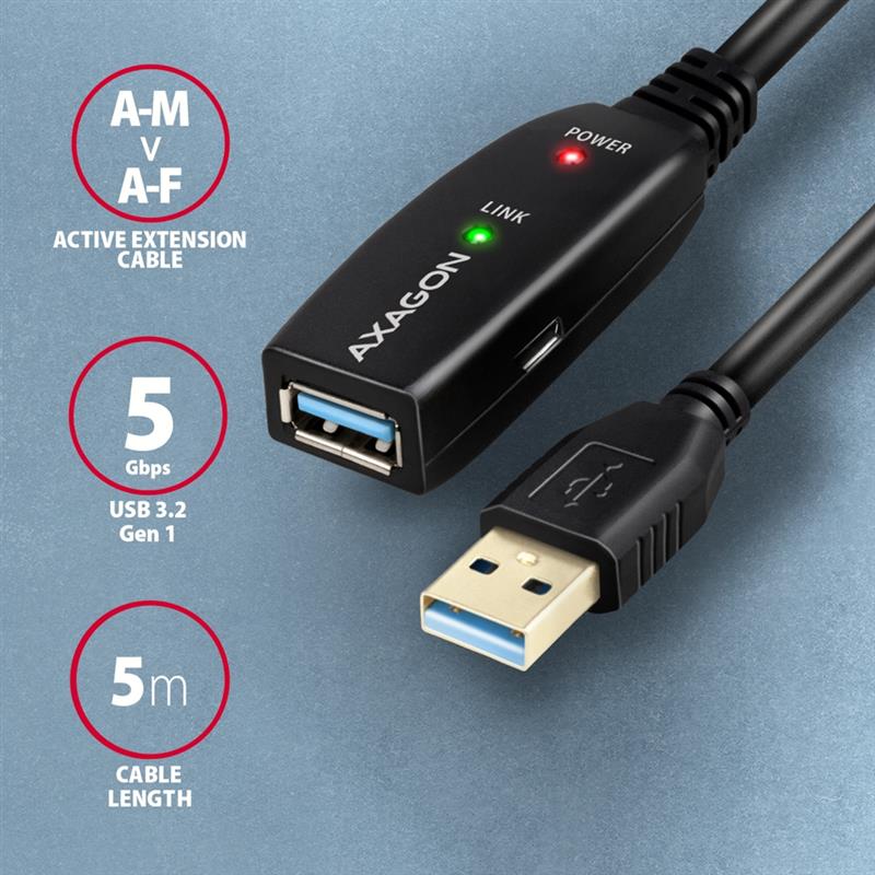 AXAGON USB 3 2 Gen 1 A-M -> A-F active extension repeater cable 5m