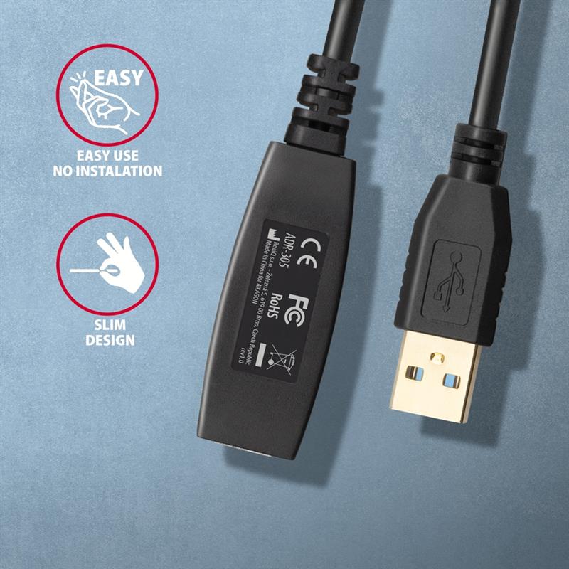 AXAGON USB 3 2 Gen 1 A-M -> A-F active extension repeater cable 5m