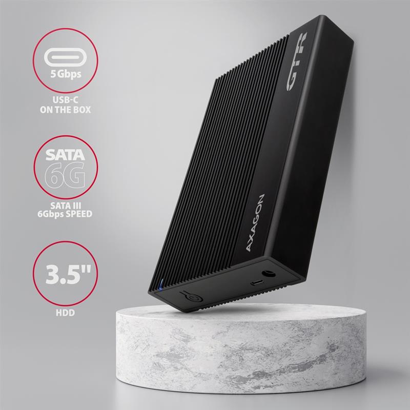 Axagon EE35-GTR USB-C 5Gbps - SATA 6G, 3.5 RIBBED box BLACK - USB Typ C HDD-behuizing Zwart 3.5""