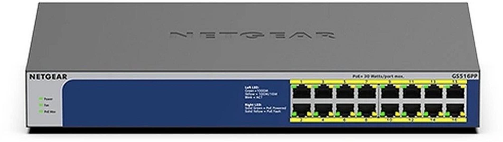 Netgear GS516PP Unmanaged Gigabit Ethernet (10/100/1000) Blauw, Grijs Power over Ethernet (PoE)
