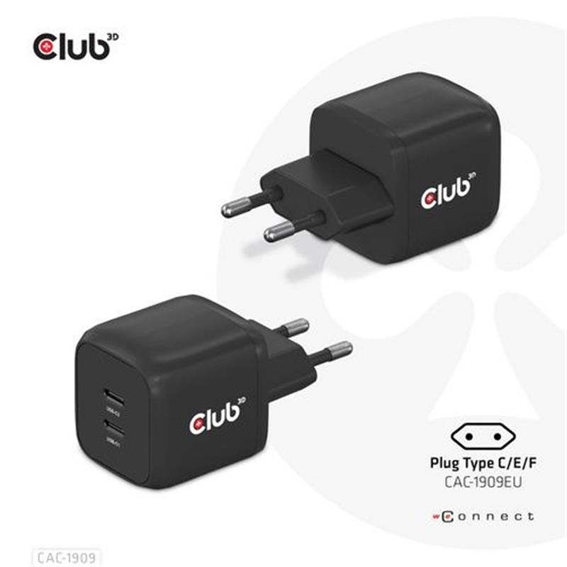 CLUB3D Travel Charger PPS 45W GAN technology Dual port USB Type-C Power Delivery PD 3 0 Support