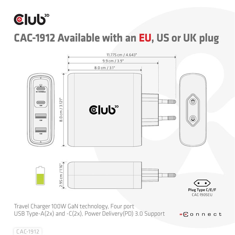CLUB3D Travel Charger 100W GaN technology, Four port USB Type-A(2x) and -C(2x), Power Delivery(PD) 3.0 Support