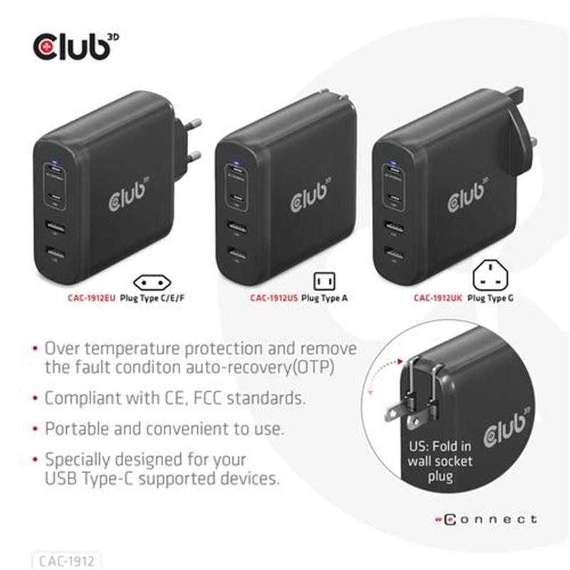 CLUB3D Travel Charger 100W GaN technology, Four port USB Type-A(2x) and -C(2x), Power Delivery(PD) 3.0 Support