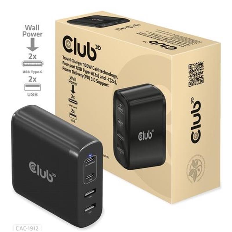CLUB3D Travel Charger 100W GaN technology Four port USB Type-A 2x and -C 2x Power Delivery PD 3 0 Support
