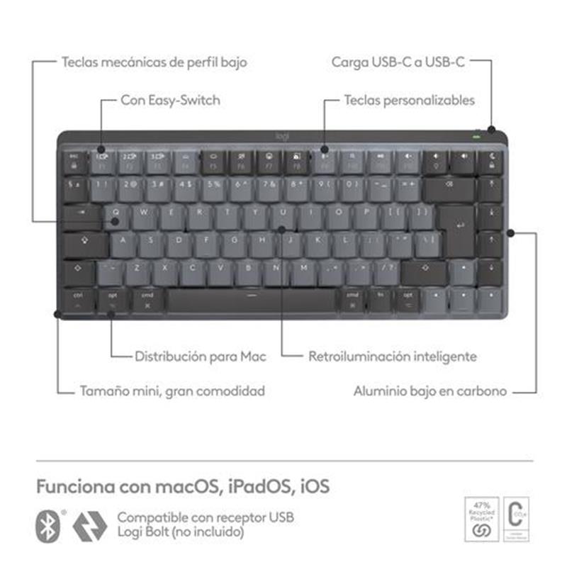 Logitech MX Mini Mechanical for Mac toetsenbord Bluetooth QWERTY US International Grafiet, Grijs