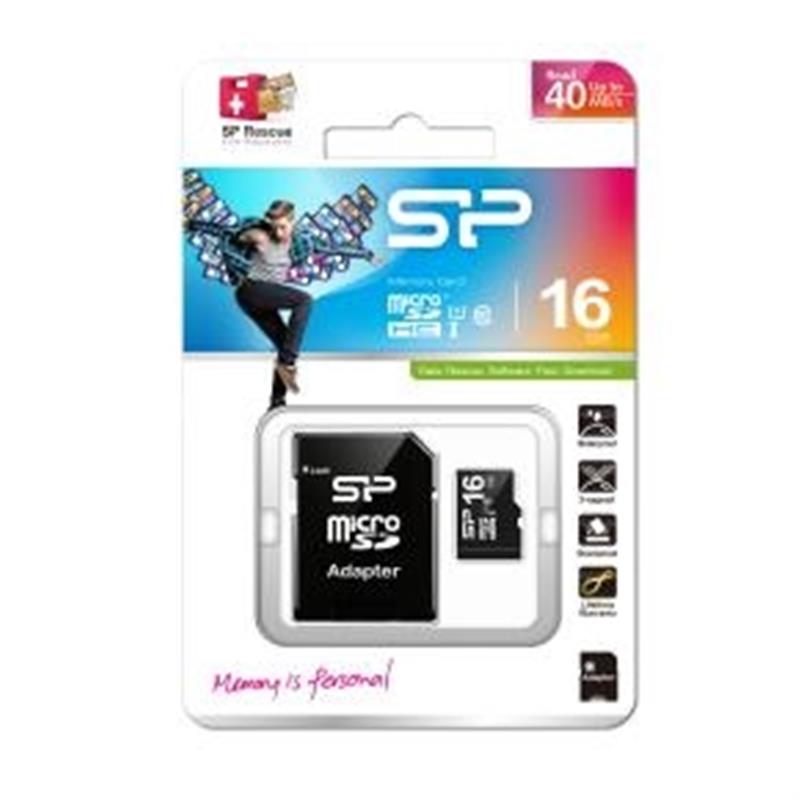 Silicon Power 16GB MicroSDHC Class10 UHS-1 incl. SD-adapter Zwart