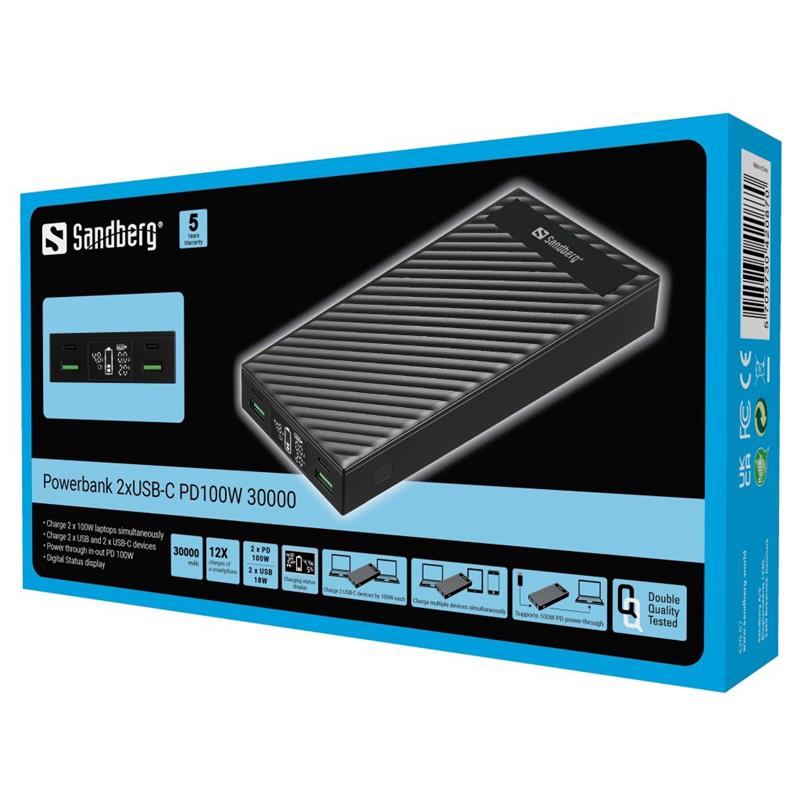 Sandberg Powerbank 2xUSB-C PD100W 30000 Lithium-Ion (Li-Ion) 30000 mAh Zwart