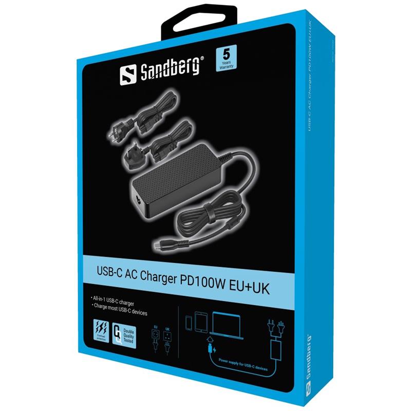 Sandberg USB-C AC Charger PD100W EU+UK Zwart Binnen