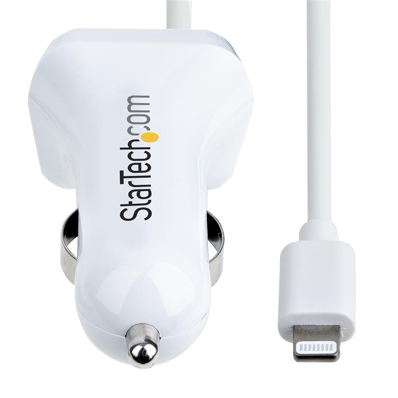 StarTech.com USB Autolader met 1m Lightning Spiraalkabel, 12W, Wit, 2 Port USB Tablet en Telefoon Oplader, Dubbele USB Car Charger, iPhone/iPad Autola