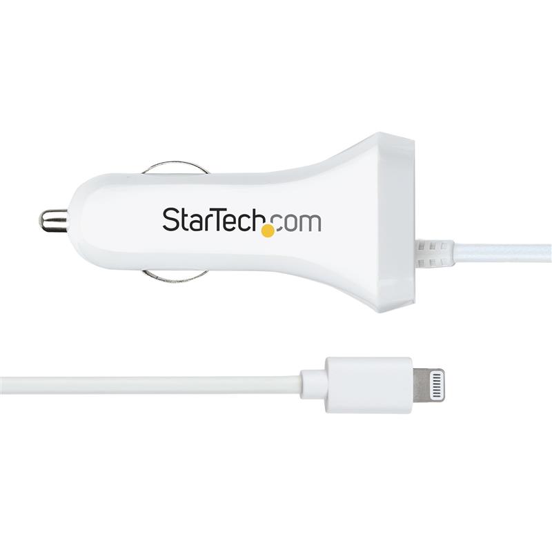 StarTech.com USB Autolader met 1m Lightning Spiraalkabel, 12W, Wit, 2 Port USB Tablet en Telefoon Oplader, Dubbele USB Car Charger, iPhone/iPad Autola