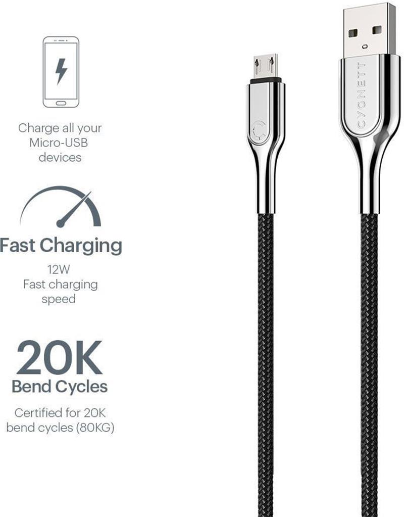 Cygnett Armoured Braided Micro USB to USB-A Cable 2m Black