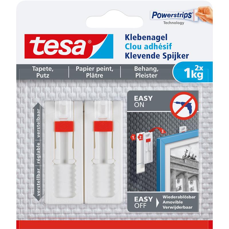 tesa adhesive nail 2pcs for wallpaper and plaster up to 1kg per nail adjustable white