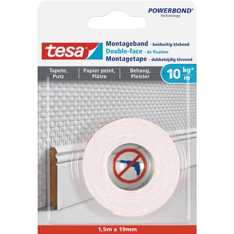 tesa assembly line 1 5m x 19mm for wallpaper and plaster up to 10kg m white