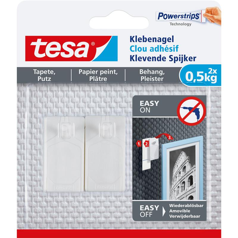 tesa adhesive nail 2pcs for wallpaper and plaster up to 0 5kg per nail white