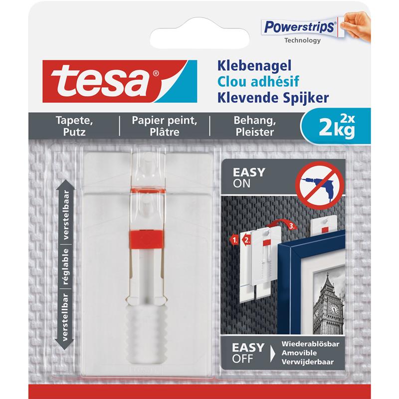 tesa adhesive nail 2pcs for wallpaper and plaster up to 2kg per nail adjustable white