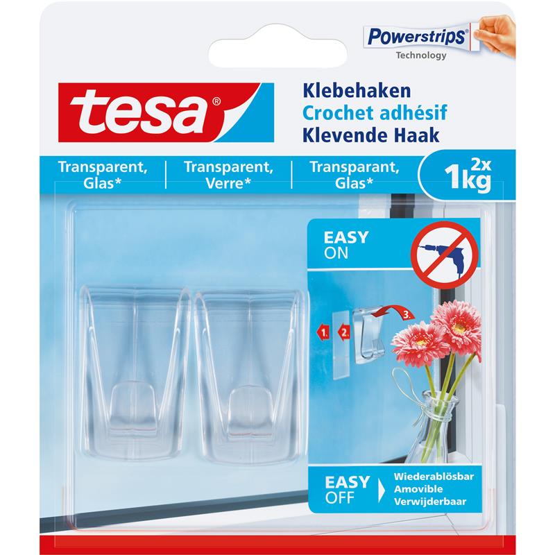 tesa adhesive hook 2pcs for transparent surfaces and glass up to 1kg per hook transparent