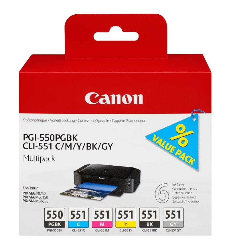 Canon PGI-550PGBK + CLI551 (PGBK/C/M/Y/BK/GY) Origineel Foto zwart, Foto cyaan, Foto grijs, Foto magenta, Zwart, Photo yellow Multipack 6 stuk(s)