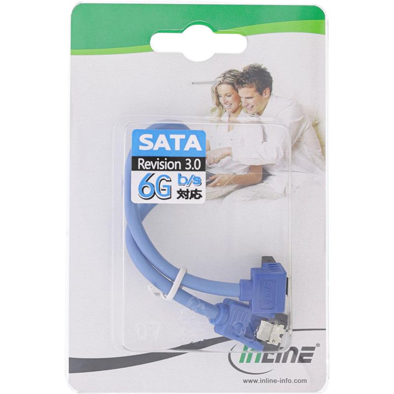 InLine SATA 6Gb s rondkabel blauw één zijde 90° haaks met vergrendeling 0 15m