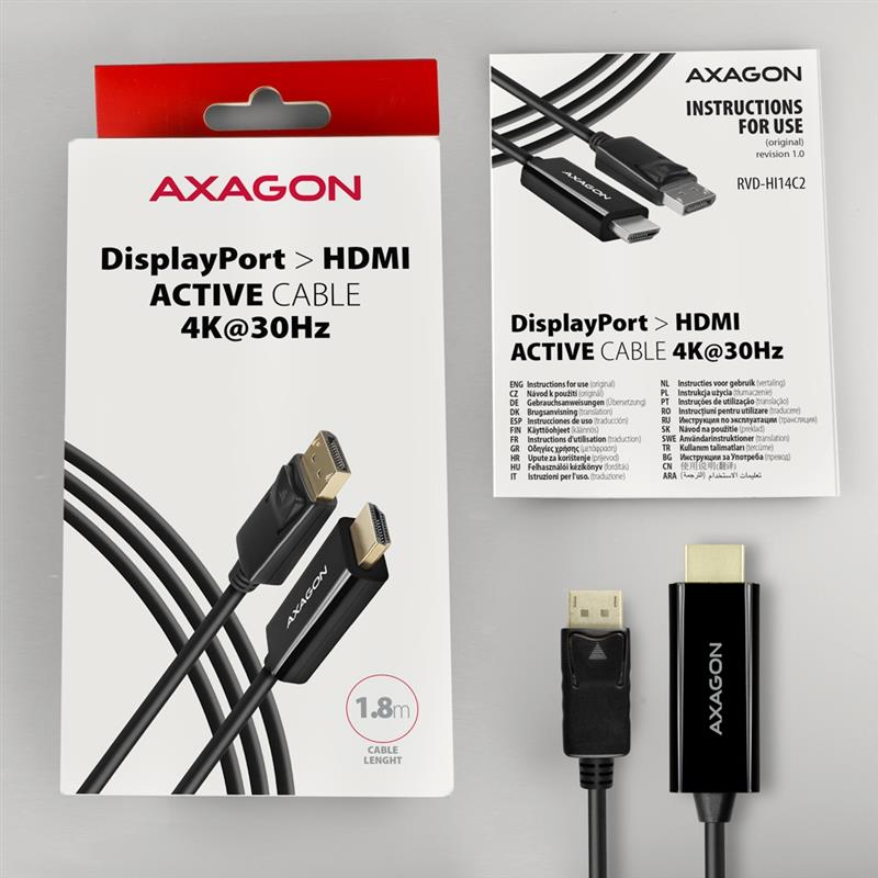 Axagon RVD-HI14C2 video kabel adapter 1,8 m HDMI Type A (Standaard) DisplayPort Zwart