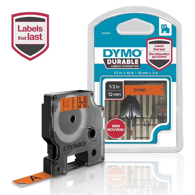 DYMO D1 -Durable Labels - White on Orange - 12mm x 3m