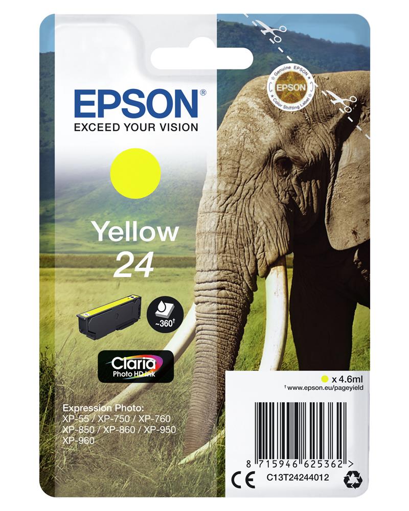 Epson Elephant Singlepack Yellow 24 Claria Photo HD Ink