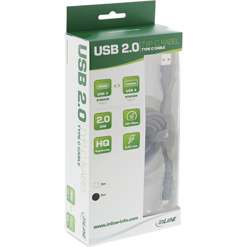 InLine USB 2 0 Cable Type C male to A male black 5m