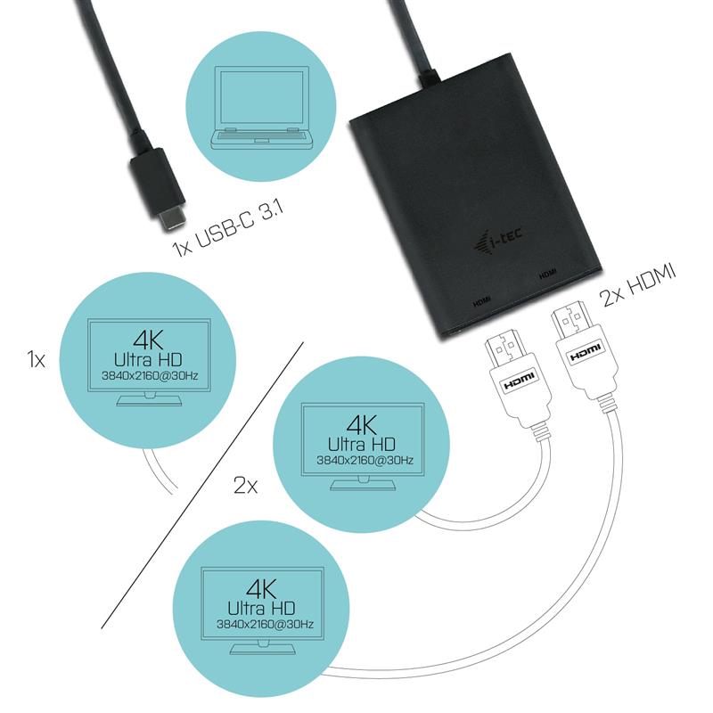 i-tec C31DUAL4KHDMI USB grafische adapter 3840 x 2160 Pixels Zwart