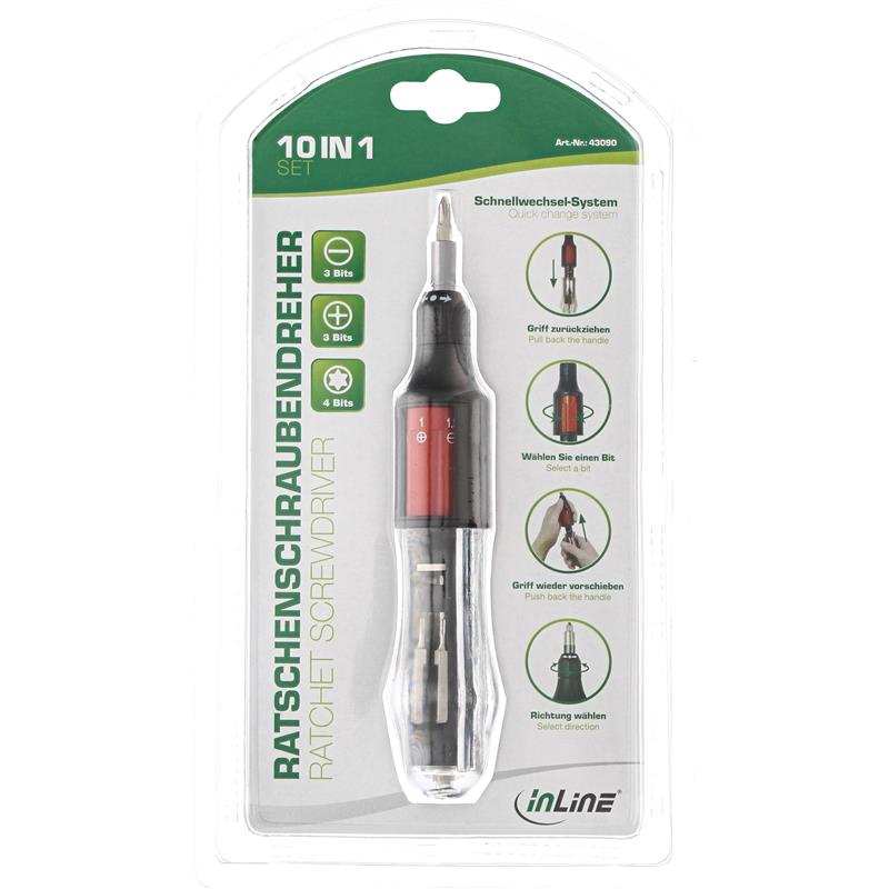InLine Ratchet screwdriver 10in1 mini with Bit quick change system and magnetic bit holder