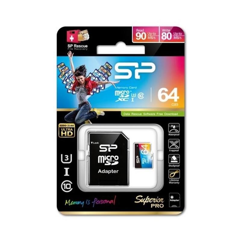 Silicon Power Superior Pro Micro SDHC incl SD Adapter 64GB UHS-1 U3 Class 10 Color