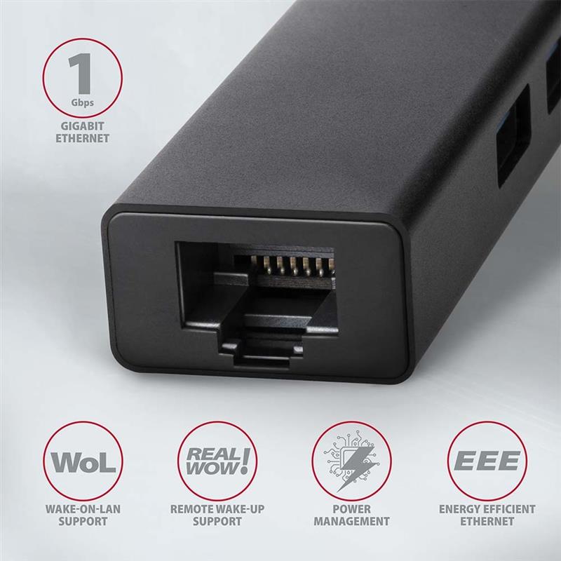 Axagon HMA-GL3A Multiport-Hub USB 3.0 Typ A Gbit-LAN 3x USB-A microSD Bedraad USB 3.2 Gen 1 (3.1 Gen 1) Type-A Zwart