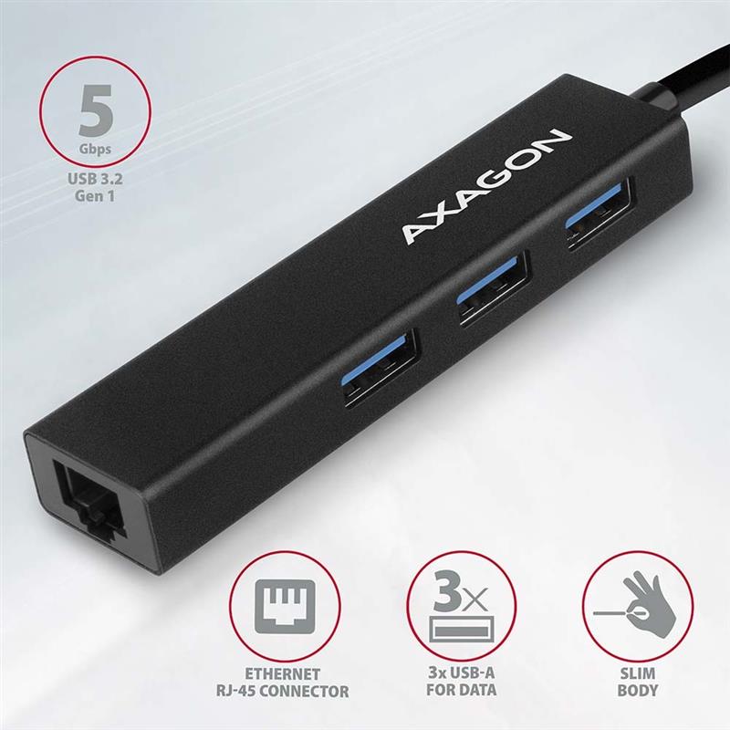 Axagon HMA-GL3A Multiport-Hub USB 3.0 Typ A Gbit-LAN 3x USB-A microSD Bedraad USB 3.2 Gen 1 (3.1 Gen 1) Type-A Zwart