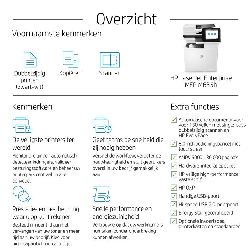 HP LaserJet Enterprise MFP M635h, Black and white, Printer voor Printen, kopiëren, scannen en optioneel faxen, Scannen naar e-mail; Dubbelzijdig print