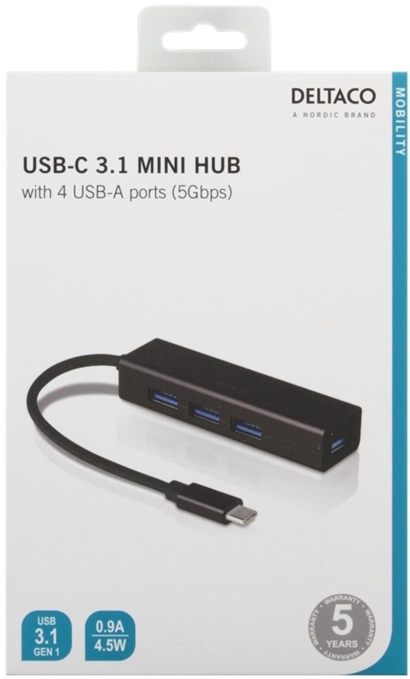  DELTACO USB-C Hub 4-port USB-A Black