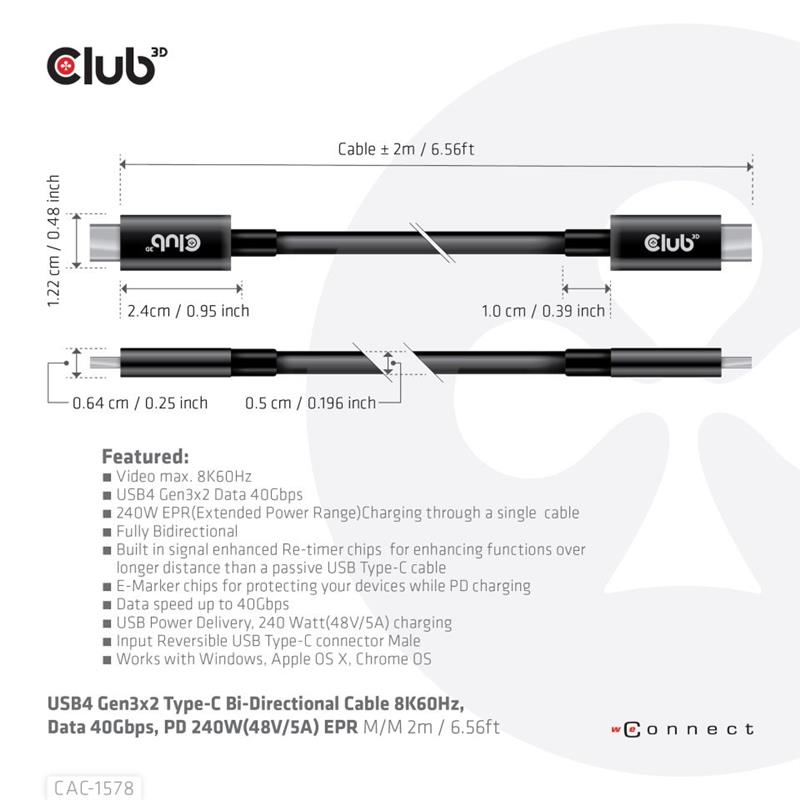 CLUB3D USB4 Gen3x2 Type-C Bi-Directional Cable 8K60Hz, Data 40Gbps, PD 240W(48V/5A) EPR M/M 2m / 6.56ft