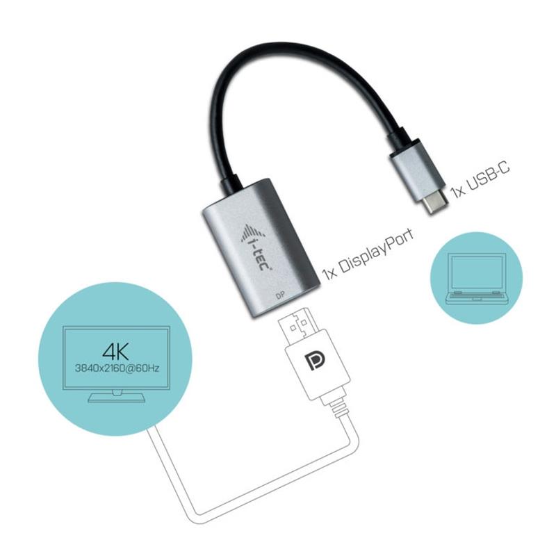 i-tec Metal C31METALDP60HZ video kabel adapter 0,15 m USB Type-C Display Port Grijs, Turkoois