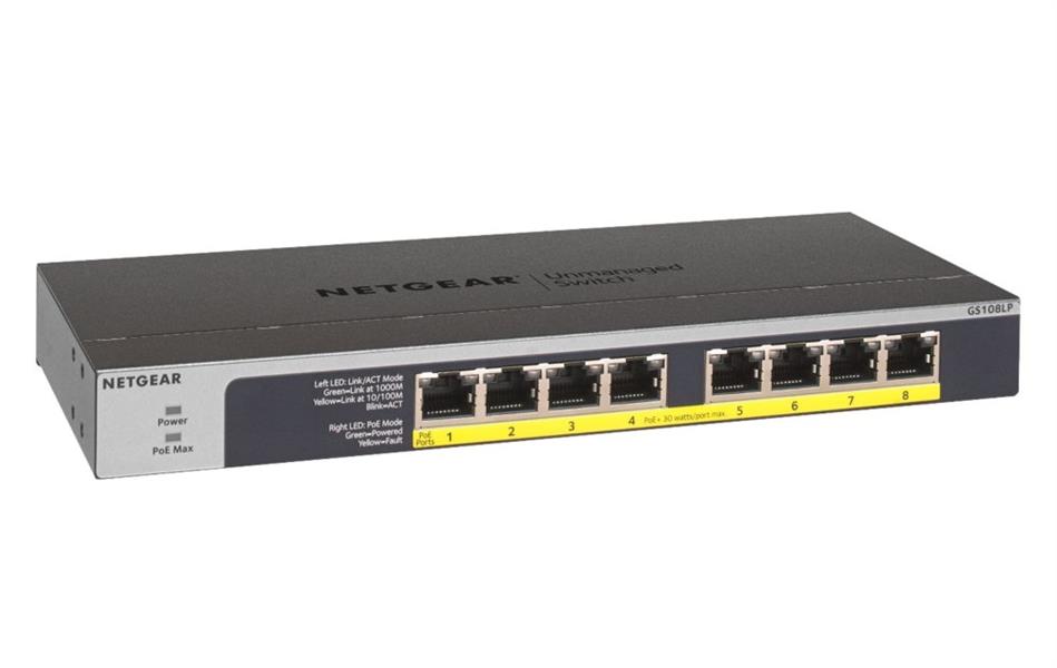 Netgear GS108LP Unmanaged Gigabit Ethernet (10/100/1000) Zwart, Grijs 1U Power over Ethernet (PoE)