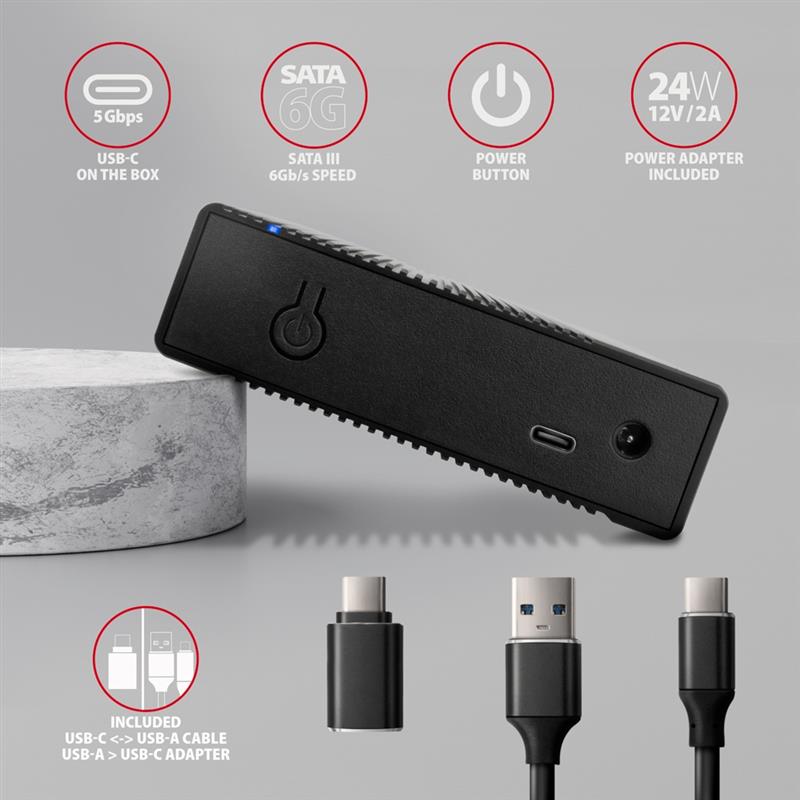 Axagon EE35-GTR USB-C 5Gbps - SATA 6G, 3.5 RIBBED box BLACK - USB Typ C HDD-behuizing Zwart 3.5""