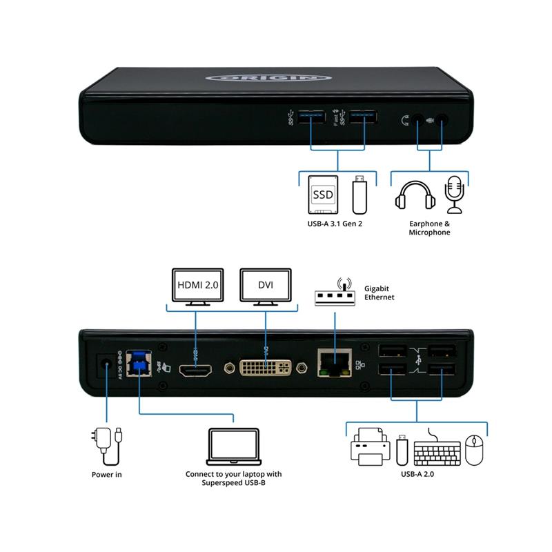 Origin Storage OSDOCK-USB3 notebook dock & poortreplicator Docking USB 3.2 Gen 1 (3.1 Gen 1) Type-A Zwart