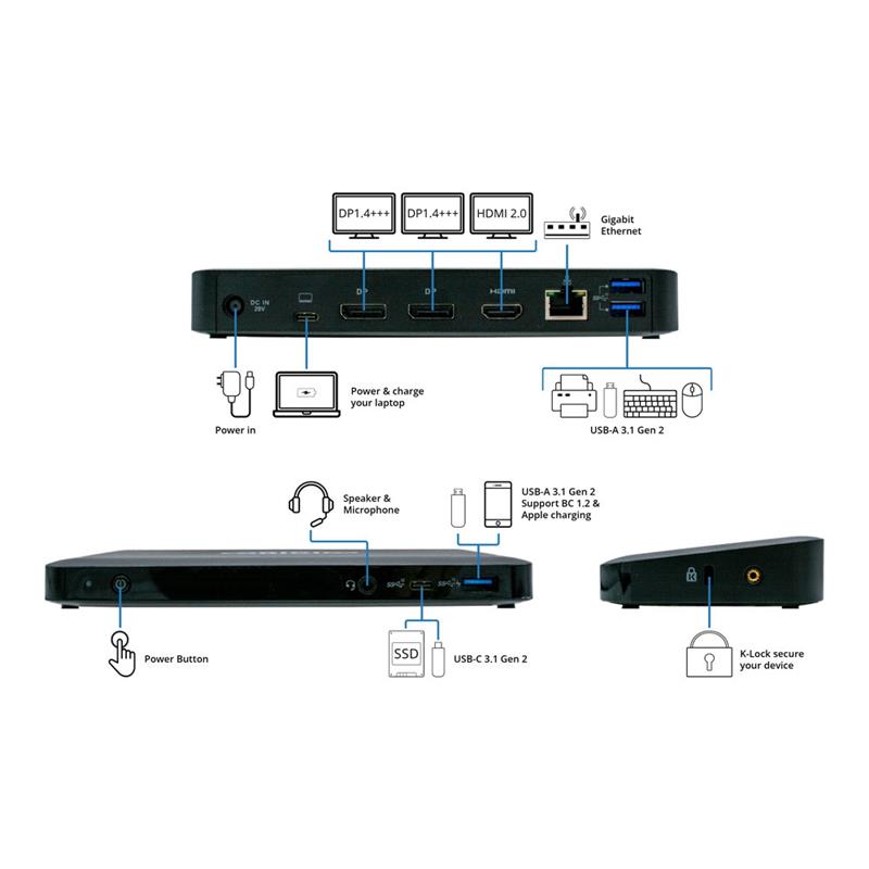 Origin Storage OSDOCK-USBC notebook dock & poortreplicator Docking USB 3.2 Gen 1 (3.1 Gen 1) Type-C Zwart