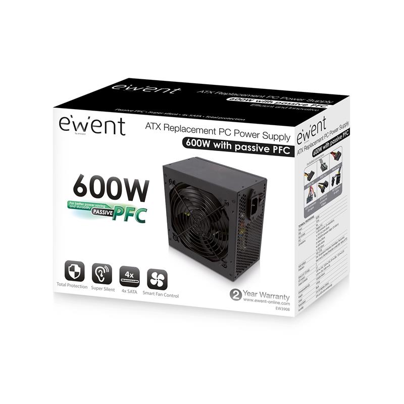 Ewent EW3908 power supply unit 600 W ATX Zwart