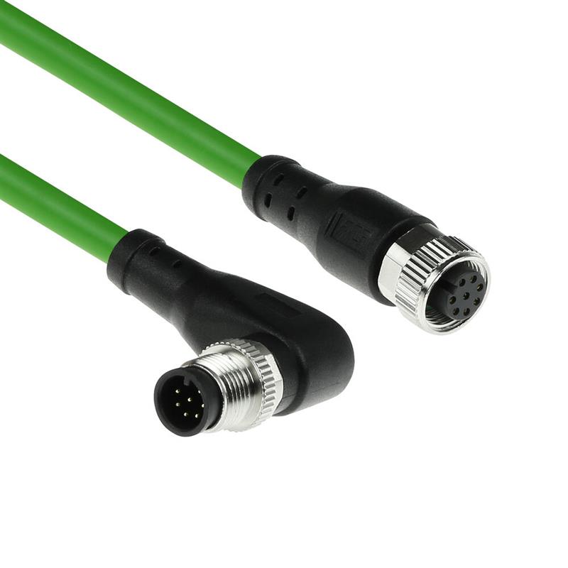 ACT Industrial 3,00 meter Sensor kabel M12A 8-polig male right angled naar M12A female, Ultraflex TPE kabel, afgeschermd